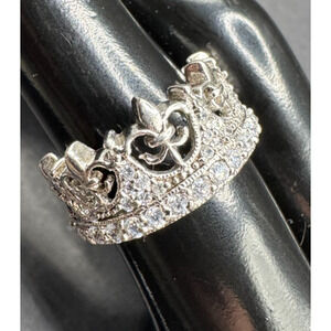 Vtg CI Signed Fleur De Lis Crown 925 Sterling Silver Cubic Zirconia Ring Sz 5.5